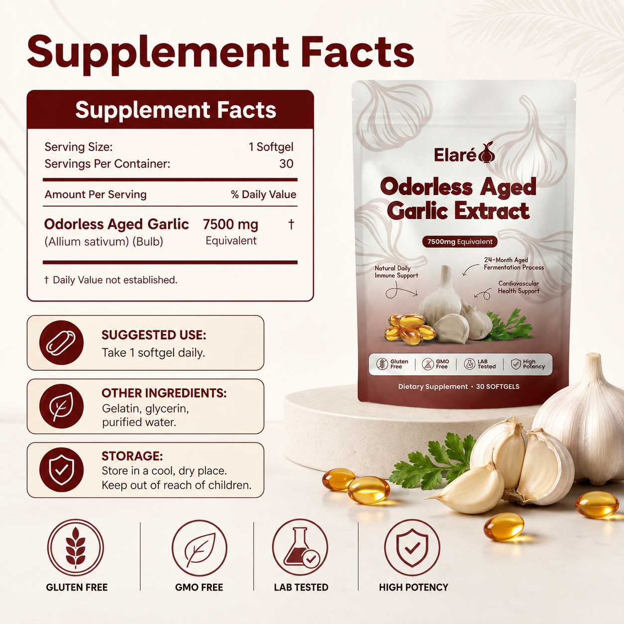 Elaré Odorless Aged Garlic Extract — 7,500mg